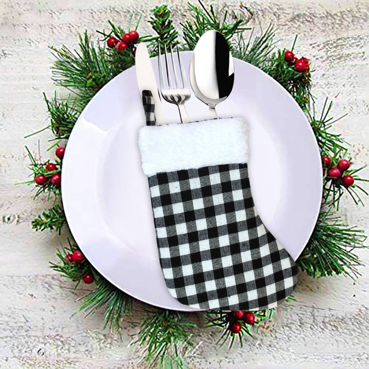 HOME HEART Christmas Stocking (9 inch,Black White Check Velvet Cuff 1 pc)