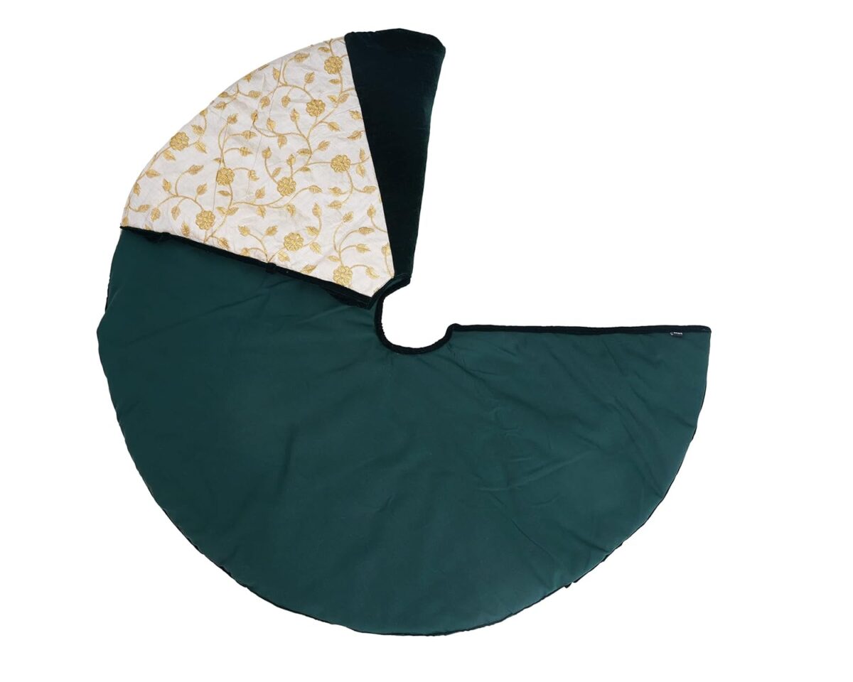 HOME HEART Brands 44" Round Christmas tree skirt Dark green/Gold micro velvet with gold embroidered fabric border & thick double layer