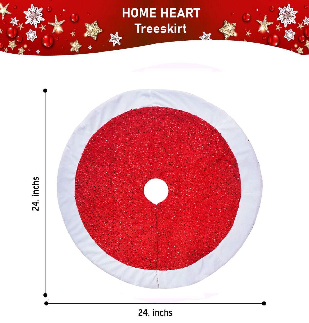 HOME HEART Brands 24" round Christmas tree skirt Red Sequin Faux velvet with white faux velvet fabric border & thick double layer for table top tree