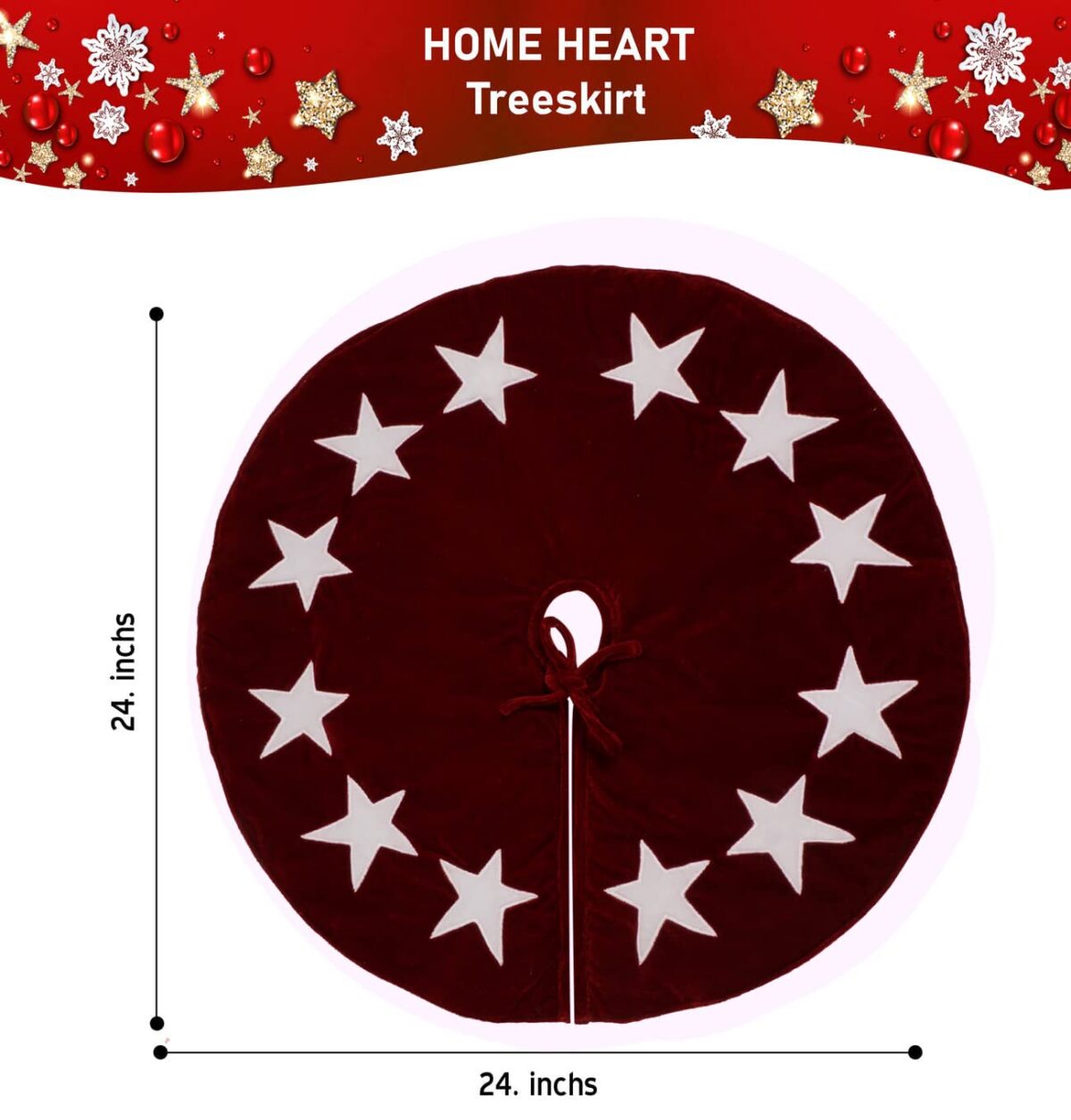 HOME HEART 24 INCH ROUND table top small CLASSIC VELVET STAR APPLIQUE DOUBLE LAYER THICK CHRISTMAS TREE SKIRT (5810S)