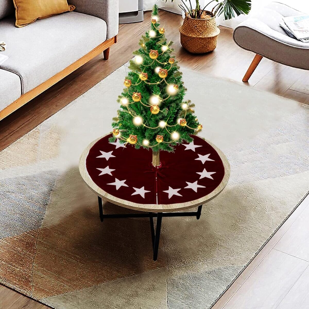 HOME HEART 24 INCH ROUND table top small CLASSIC VELVET STAR APPLIQUE DOUBLE LAYER THICK CHRISTMAS TREE SKIRT (5810S)