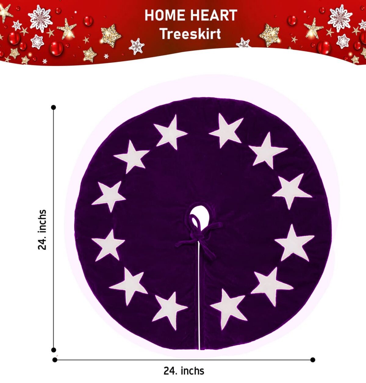 HOME HEART 24 INCH ROUND table top small CLASSIC VELVET STAR APPLIQUE DOUBLE LAYER THICK CHRISTMAS TREE SKIRT (5814S)